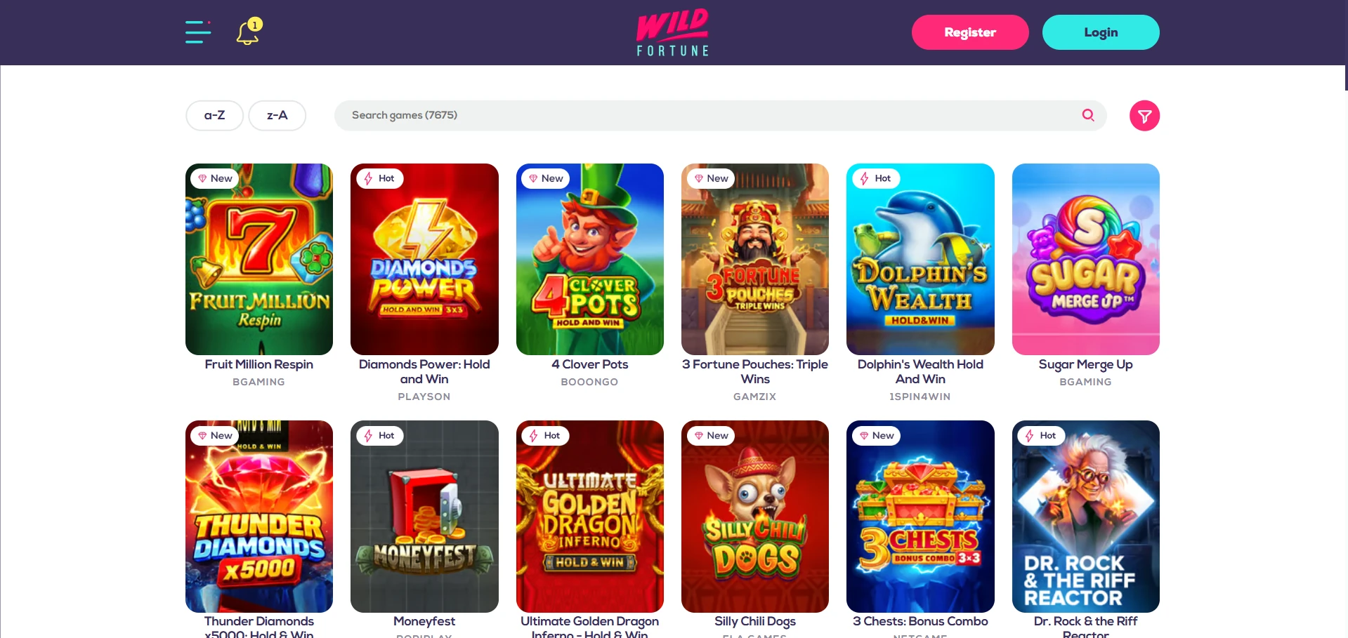 Screenshot of the Wild Fortune games lobby with game thumbnails