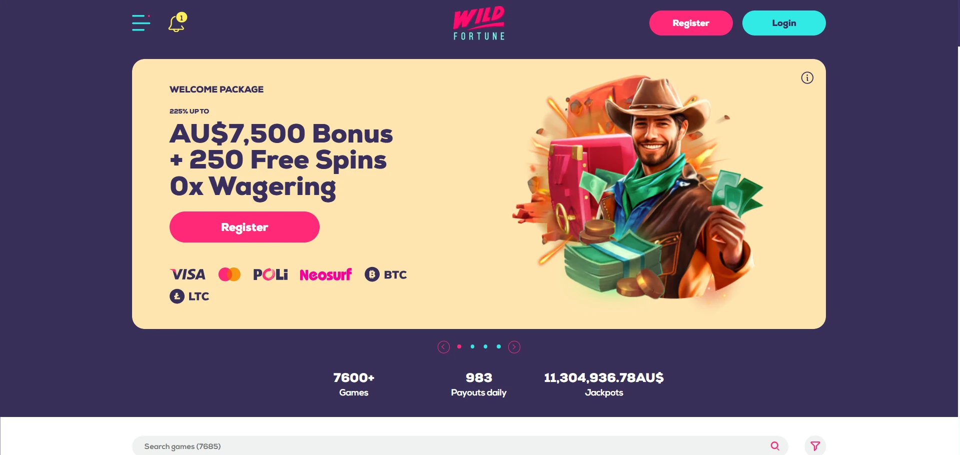 Screenshot of the Wild Fortune homepage on desktop